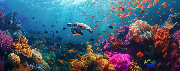 Naklejka premium A vibrant coral reef teeming with colorful fish and graceful sea turtles, creating a thriving underwater ecosystem.