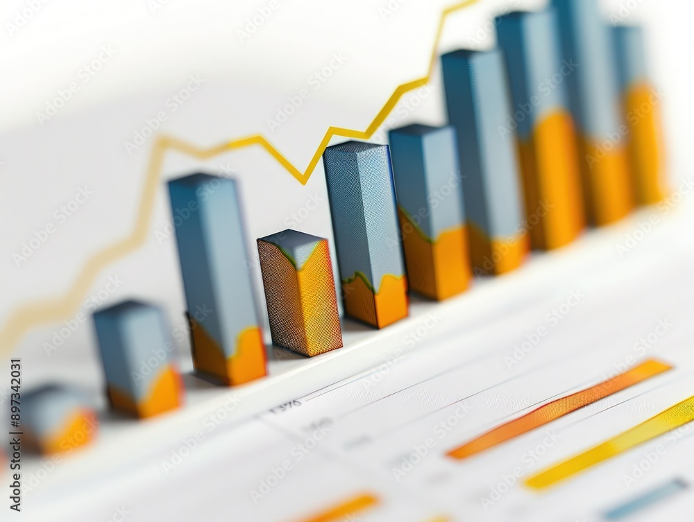 Poster a clean white background featuring a bar graph with a sharp increase in stock values, reflecting a m