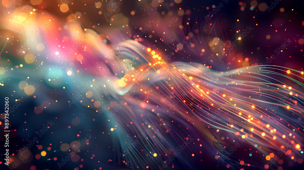 Poster fiber optic cables glowing in dynamic abstract space with vivid lights and smooth gradients visually