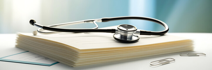 A stethoscope placed on a medical files paper,  medical documents, writing prescription for patient. Health care, medicine concept