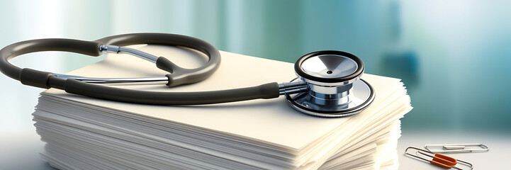 A stethoscope placed on a medical files paper,  medical documents, writing prescription for patient. Health care, medicine concept