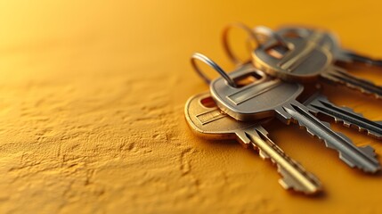Close Up of Three Keys on a Yellow Surface