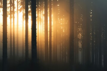 A mystical forest at dawn with enchanted mist in autumn, featuring tall trees shrouded in fog and warm, golden light filtering through, banner, with copy space