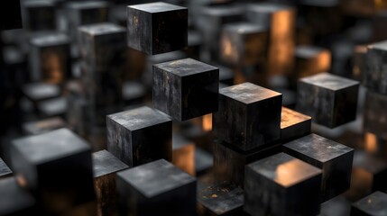 3D black cubes hanging in the void with yellow backlight on a black background. Graphic Resources