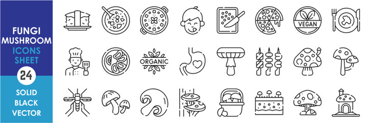 A set of line icons related to fungi and mushroom. Fungus, vegetable, restaurant, tasty, soup, vegan, grow, pizza, grocery and so on. Vector outline icons set.
