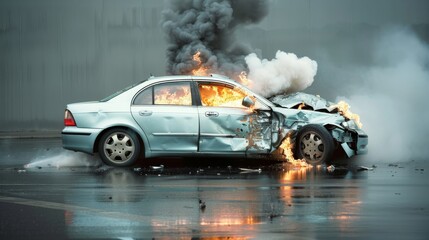 Obraz premium Dramatic Aftermath of Fiery Car Crash on Solid Black Background