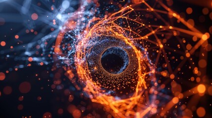 A quantum mechanics explosion with swirling particles and waves, showcasing the complexity of quantum phenomena, banner, with copy space