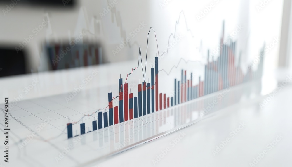 Poster a clear white surface displaying a bar graph with a dramatic rise in stock values, indicating strong