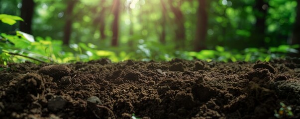 Close-up of fertile soil in a lush forest, sunlight shining through leaves