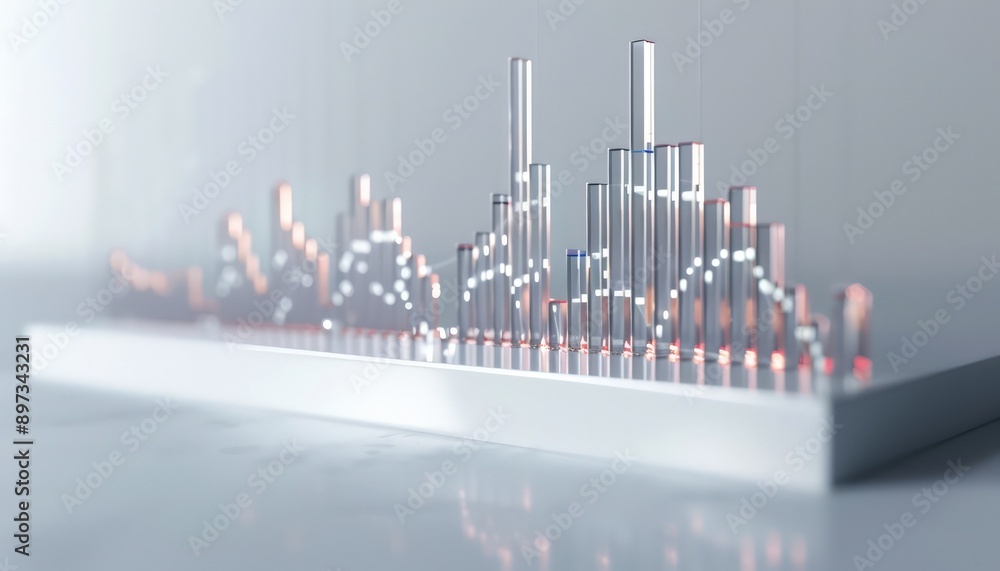 Poster a clear white surface displaying a bar graph with a dramatic rise in stock values, indicating strong