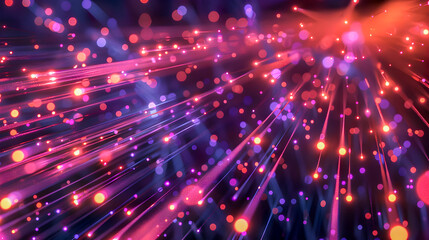 Obraz premium A image showcasing the intricate and vibrant details of glowing fiber optic cables in a dark modern space with reflective surfaces