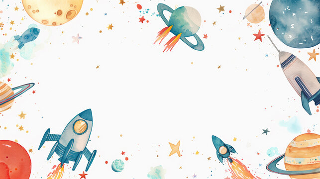 Watercolor outer space themed background with planets and rockets.