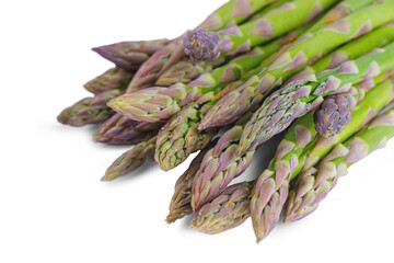 Bunch of raw green asparagus Isolated on white, transparent background. Edible sprouts of sparrowgrass stems. Healthy food, fresh vegetable, ingredient for cooking