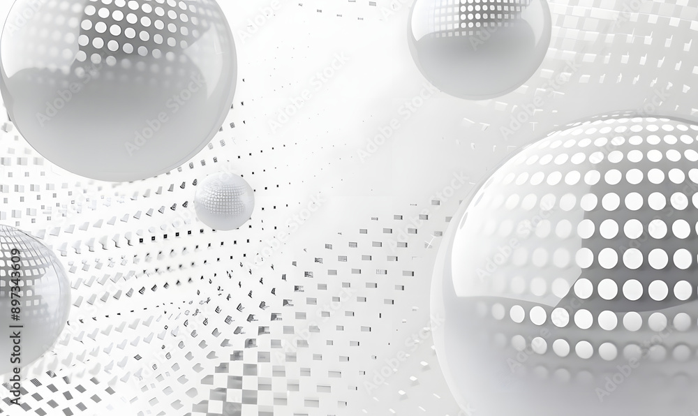 Poster abstract background with spheres and halftone squares. grey and white backdrop