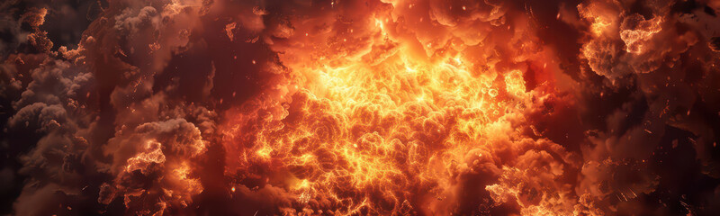 A thermonuclear explosion featuring intense fireballs and radiant energy waves, banner, with copy space