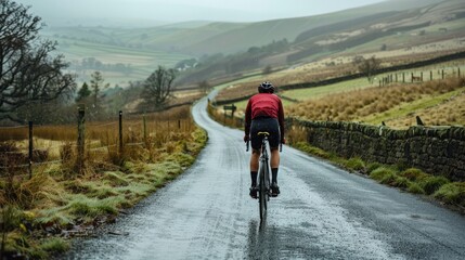 Fototapeta premium Male cyclist rides a bicycle on a scenic country road.