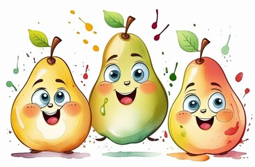Cartoon pear character Icons for kids. Pear with eyes, noise and smile. Food flat illustration on white background.