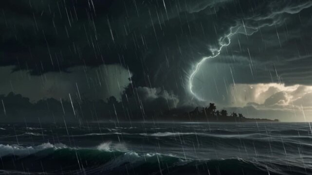 A view of a giant tornado in the middle of the sea during a thunderstorm, dark clouds in the middle of the sea