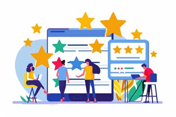 Shining Star Reviews: A vibrant team collaborates, surrounded by glowing five-star ratings on a giant smartphone, symbolizing exceptional customer satisfaction and positive feedback. 