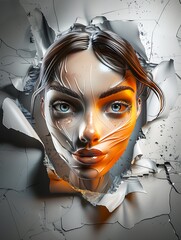 Abstract Digital Art Portraying Female Face Emerging from Cracked Surface