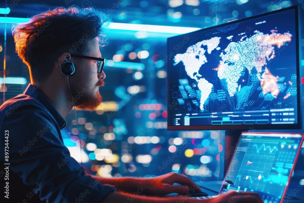 Aufkleber global surveillance: a focused cybersecurity expert analyzing world map data in a high-tech security