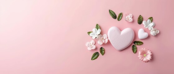 An anniversary postcard mockup concept showcasing a romantic design with hearts, flowers, and elegant typography, banner, with copy space
