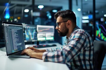Mastering the Code: A focused software engineer engrossed in coding, surrounded by the glow of multiple monitors in a high-tech office. 