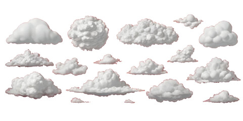 Realistic white vector set clouds on transparent Background. Outdoor different type of nature sky clouds. White Fluffy Clouds Set. Weather Cloudscape Design. Vector Illustration
