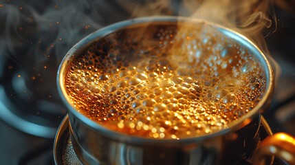 Closeup of steaming Arabica coffee in a filter, intense fragrance, brewing delight