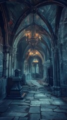 Obraz premium Cathedral Crypt: Gothic Cemetery Beauty, 4K hyperrealistic photo