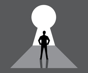 man silhouette front keyhole art illustration. believe in yourself. success concept.