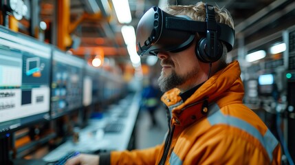 A man wearing a VR headset and headphones sits in front of computer monitors, virtually touring a client's factory.