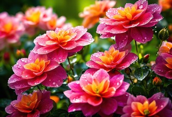 lively colorful blooms surrounded vibrant lush greenery flourishing garden setting, flowers, petals, leaves, nature, colors, plants, blossoms, foliage