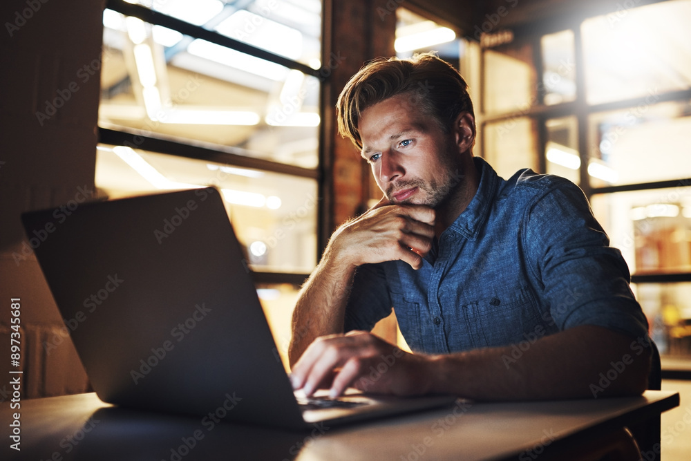 Poster Laptop, thinking and business man reading email for project, research and deadline at night. Computer, creative and web designer problem solving or planning solution for software update in startup
