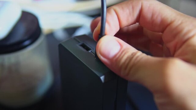 close-up of the connection of the type-c power cord to the battery. Charging the power bank. High quality 4k footage