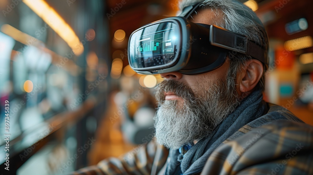 Poster a man wearing a vr headset explores a virtual space, likely a client's project, while working remote