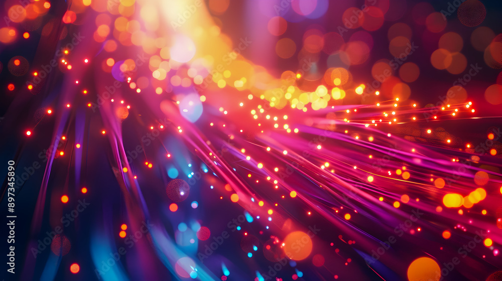 Poster a stylized 3d showcasing a dynamic and energetic scene of glowing fiber optic cables amidst a vibran