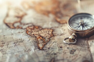 A detailed view of an ancient map showcasing the Americas, complete with a traditional compass positioned on top