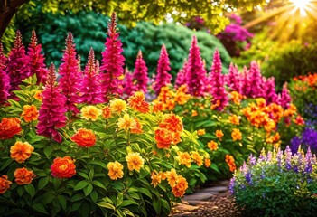 Fototapeta premium vibrant colorful blooms flourishing bright sun drenched environment lush greenery lively petals, flowers, colors, sunlight, garden, nature, blossoms, flora