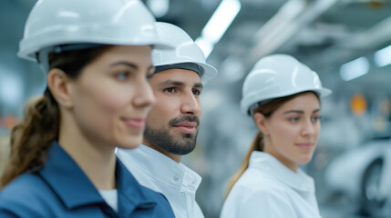 Three engineers wearing safety helmets and uniforms focus on their work in a modern manufacturing facility. The image captures their side profiles, highlighting dedication and professionalism.