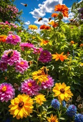 Fototapeta premium vibrant colorful blooms thriving lush sunny garden diverse flowers green foliage, sunlight, petals, leaves, colors, nature, plants, growth, beauty, flora