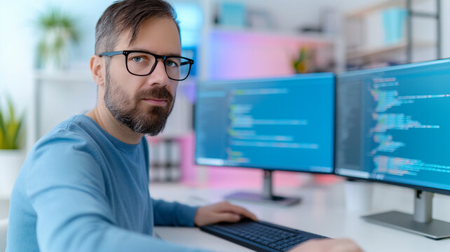 Software developer wearing glasses is working on dual monitors displaying lines of code.