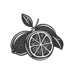 A Black and White Illustration of a Lemon with a Slice and Leaves