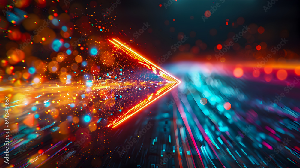 Poster glowing arrow composed of vibrant light particles surging forward through a dark high tech digital s