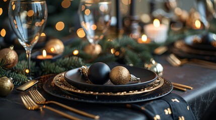 holiday table decor, a chic and refined christmas tablescape with rich hues and golden touches, ideal for a festive and elegant dinner celebration