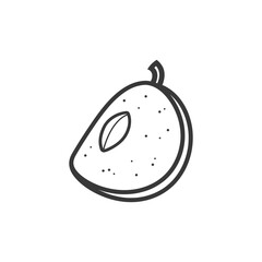 Line drawing of a half mango with a seed and stem