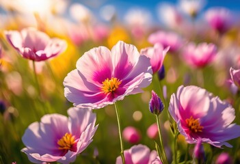 delicate flower petals dancing gracefully wind swept field under bright blue sky, bloom, blossom, flora, garden, landscape, meadow, spring, summer, vibrant,