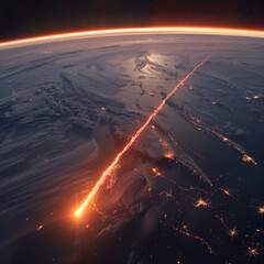 Stunning view of a meteor streaking across Earth’s atmosphere, creating a brilliant, fiery path.