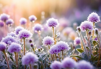Fototapeta premium frost kissed flowers illuminated soft early morning light amidst tranquil garden setting, petals, dew, nature, bloom, sunlight, beauty, colors, freshness