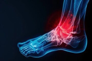 Foot pain with a red highlight on the affected area, banner, with copy space